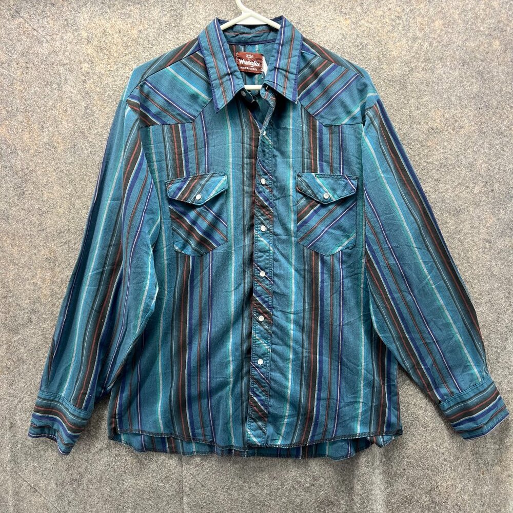 Wrangler Shirt Mens Large Blue Brown Striped Snap Pearl Western Brushpopper 80s